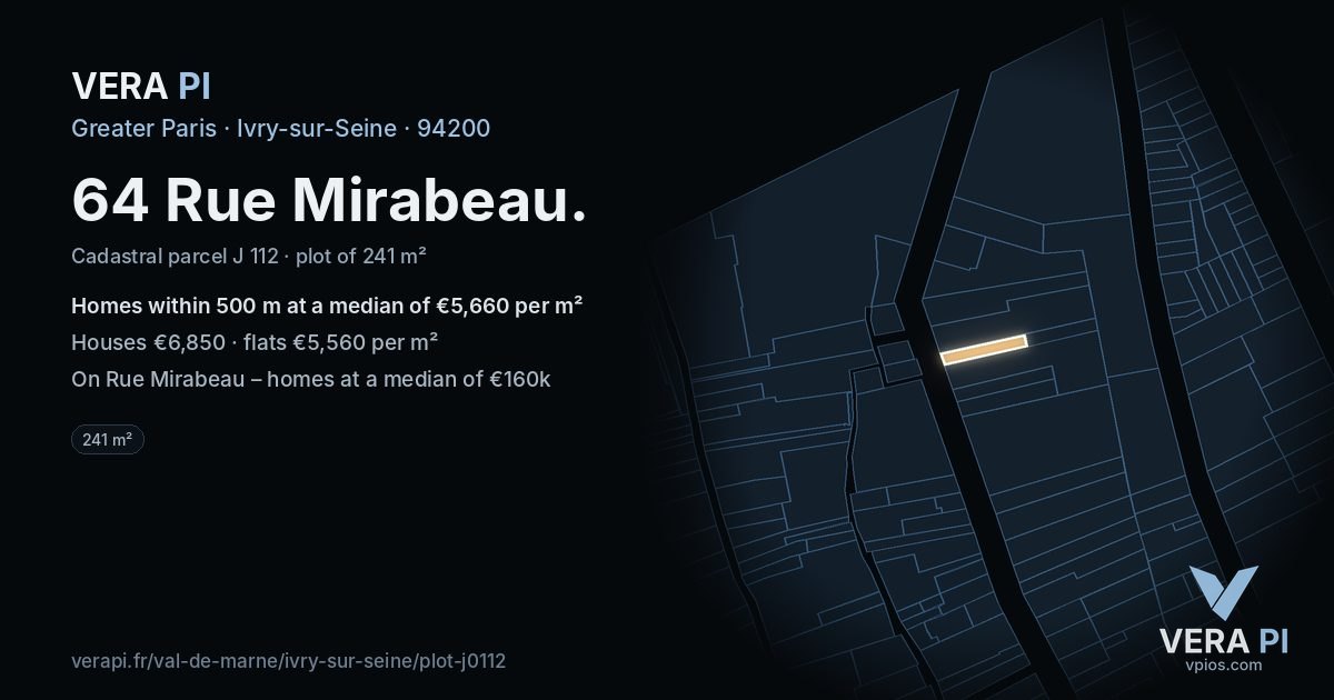 64 Rue Mirabeau, Ivry-sur-Seine at night – the plot lit, the parcels around coloured by the prices near them