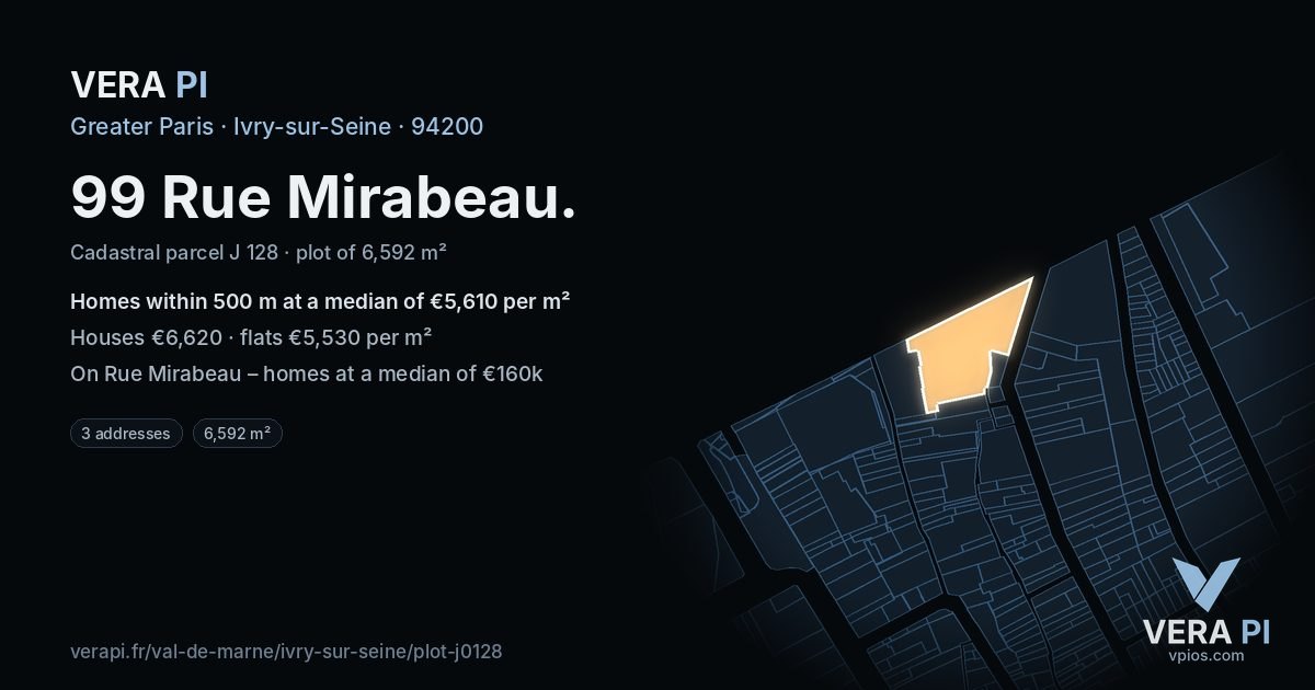 99 Rue Mirabeau, Ivry-sur-Seine at night – the plot lit, the parcels around coloured by the prices near them