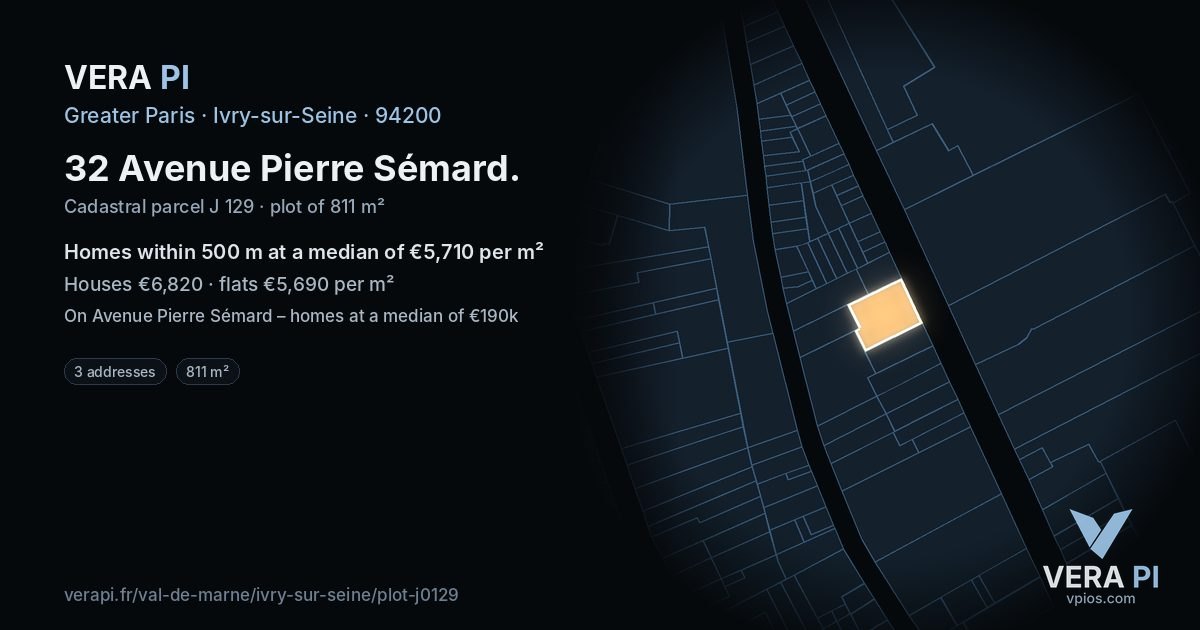 32 Avenue Pierre Sémard, Ivry-sur-Seine at night – the plot lit, the parcels around coloured by the prices near them