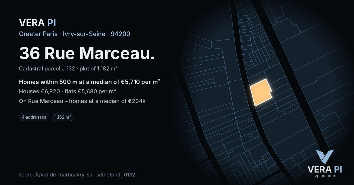 36 Rue Marceau, Ivry-sur-Seine at night – the plot lit, the parcels around coloured by the prices near them