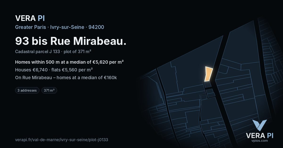 93 bis Rue Mirabeau, Ivry-sur-Seine at night – the plot lit, the parcels around coloured by the prices near them