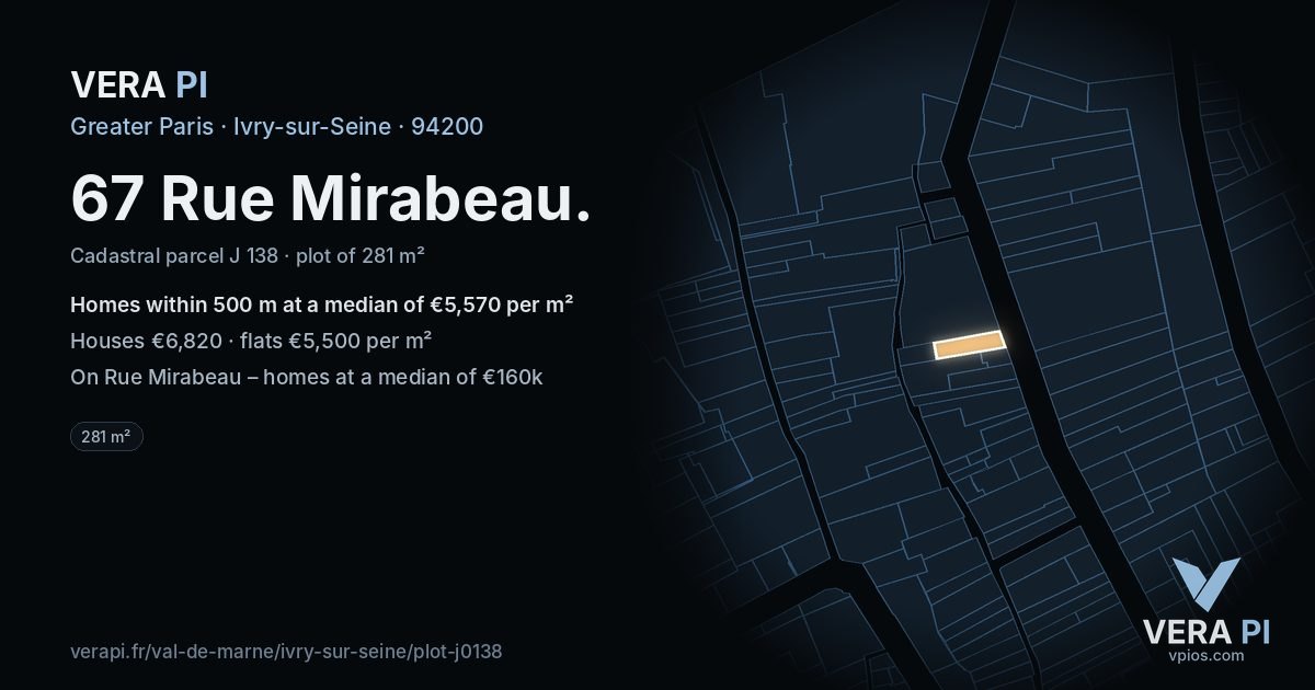 67 Rue Mirabeau, Ivry-sur-Seine at night – the plot lit, the parcels around coloured by the prices near them