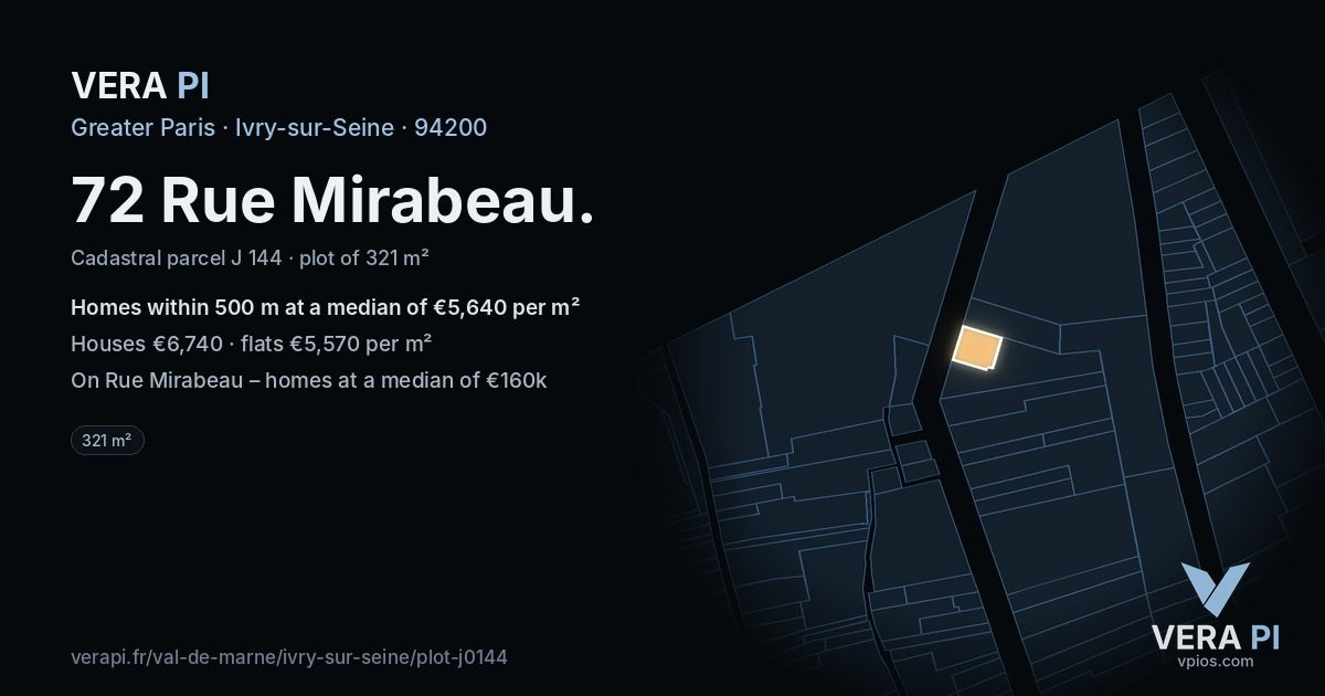 72 Rue Mirabeau, Ivry-sur-Seine at night – the plot lit, the parcels around coloured by the prices near them