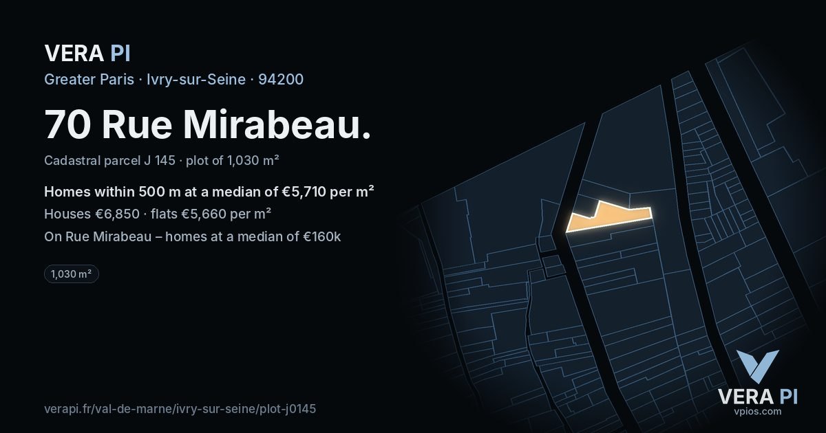 70 Rue Mirabeau, Ivry-sur-Seine at night – the plot lit, the parcels around coloured by the prices near them