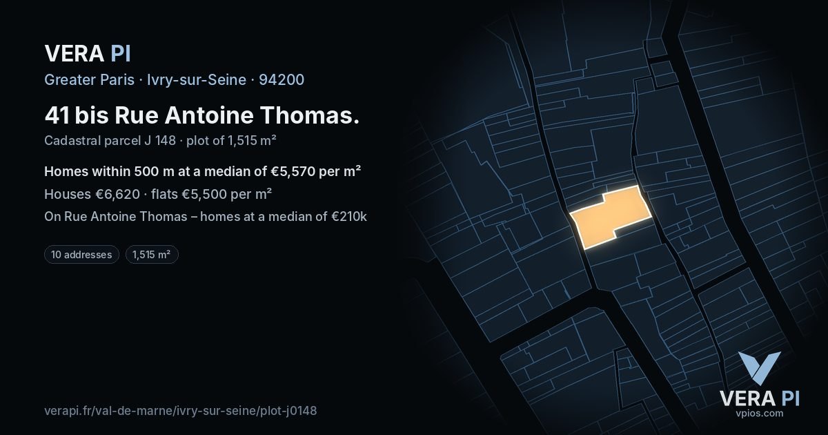 41 bis Rue Antoine Thomas, Ivry-sur-Seine at night – the plot lit, the parcels around coloured by the prices near them