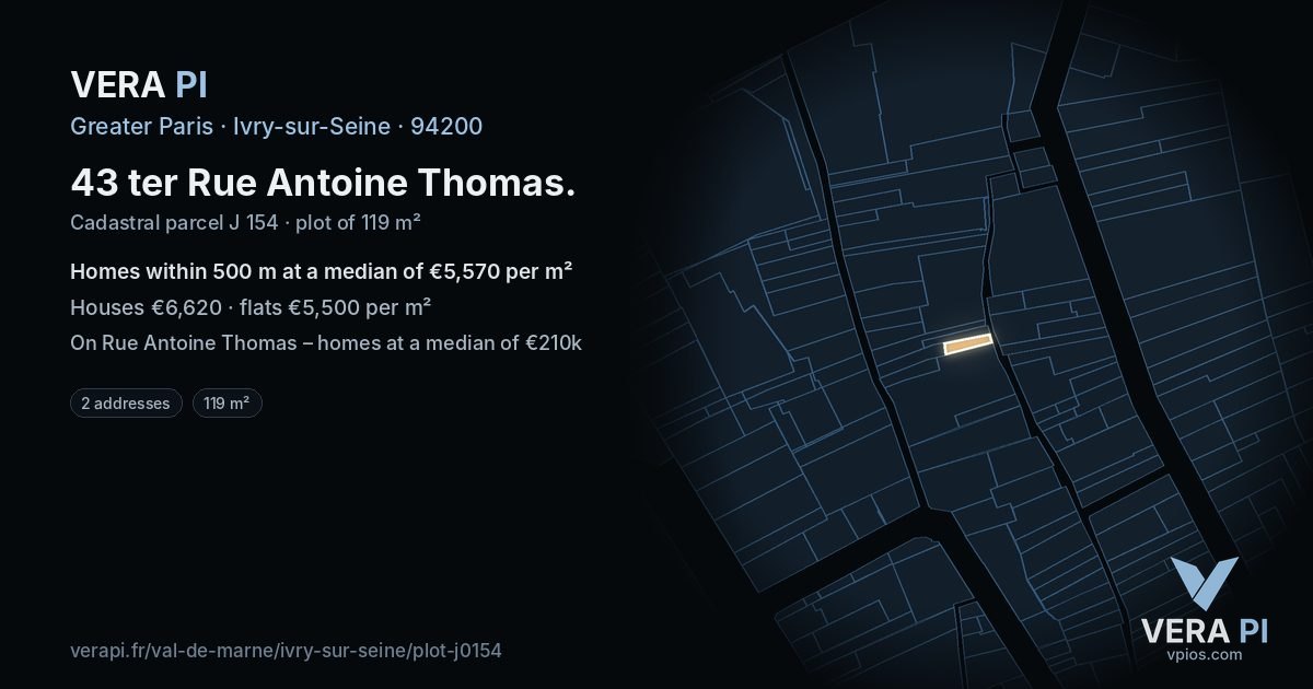 43 ter Rue Antoine Thomas, Ivry-sur-Seine at night – the plot lit, the parcels around coloured by the prices near them
