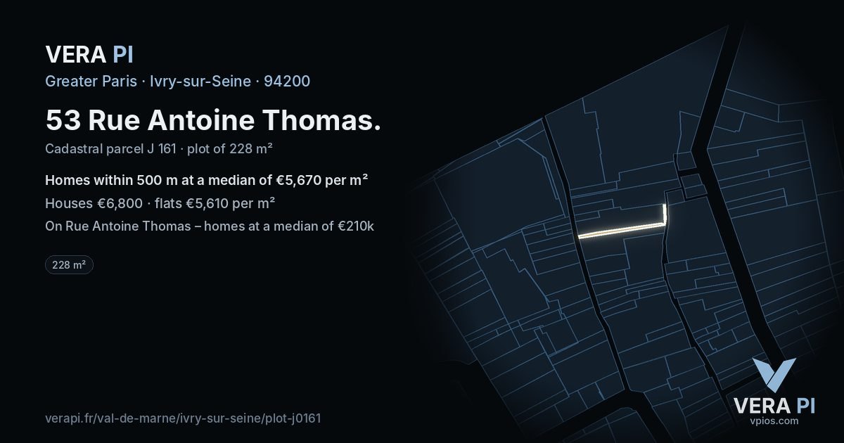 53 Rue Antoine Thomas, Ivry-sur-Seine at night – the plot lit, the parcels around coloured by the prices near them