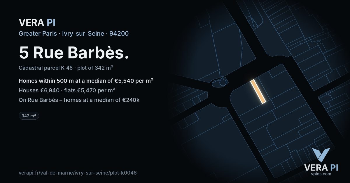 5 Rue Barbès, Ivry-sur-Seine at night – the plot lit, the parcels around coloured by the prices near them