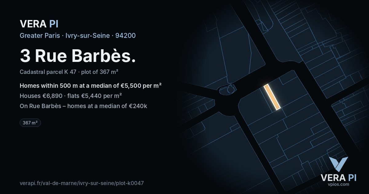 3 Rue Barbès, Ivry-sur-Seine at night – the plot lit, the parcels around coloured by the prices near them