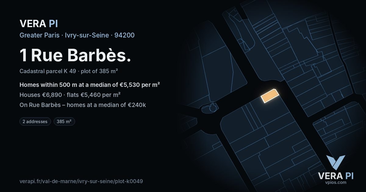 1 Rue Barbès, Ivry-sur-Seine at night – the plot lit, the parcels around coloured by the prices near them