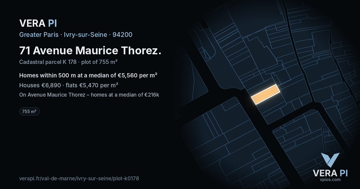 71 Avenue Maurice Thorez, Ivry-sur-Seine at night – the plot lit, the parcels around coloured by the prices near them