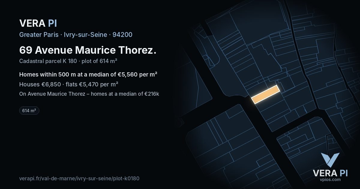 69 Avenue Maurice Thorez, Ivry-sur-Seine at night – the plot lit, the parcels around coloured by the prices near them