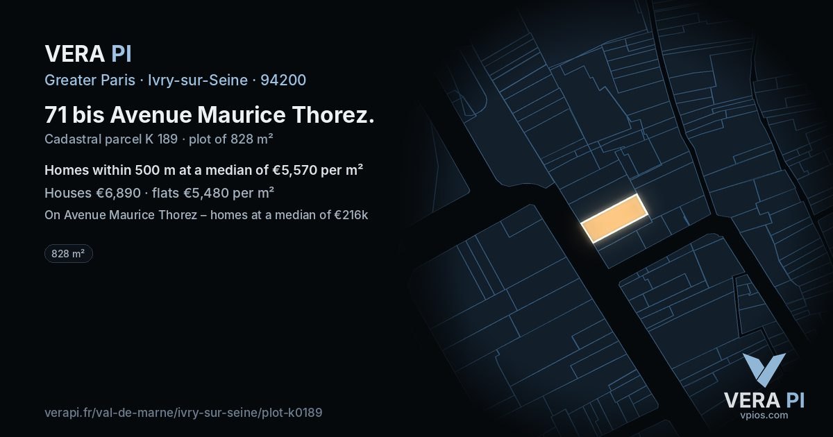 71 bis Avenue Maurice Thorez, Ivry-sur-Seine at night – the plot lit, the parcels around coloured by the prices near them