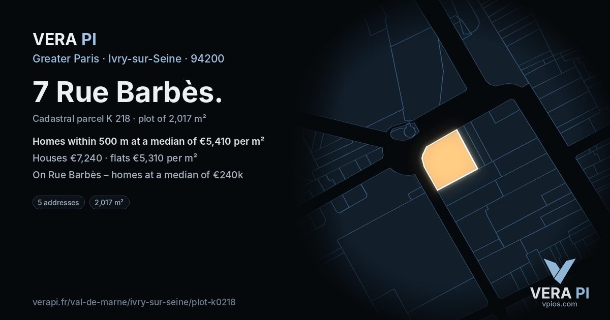 7 Rue Barbès, Ivry-sur-Seine at night – the plot lit, the parcels around coloured by the prices near them