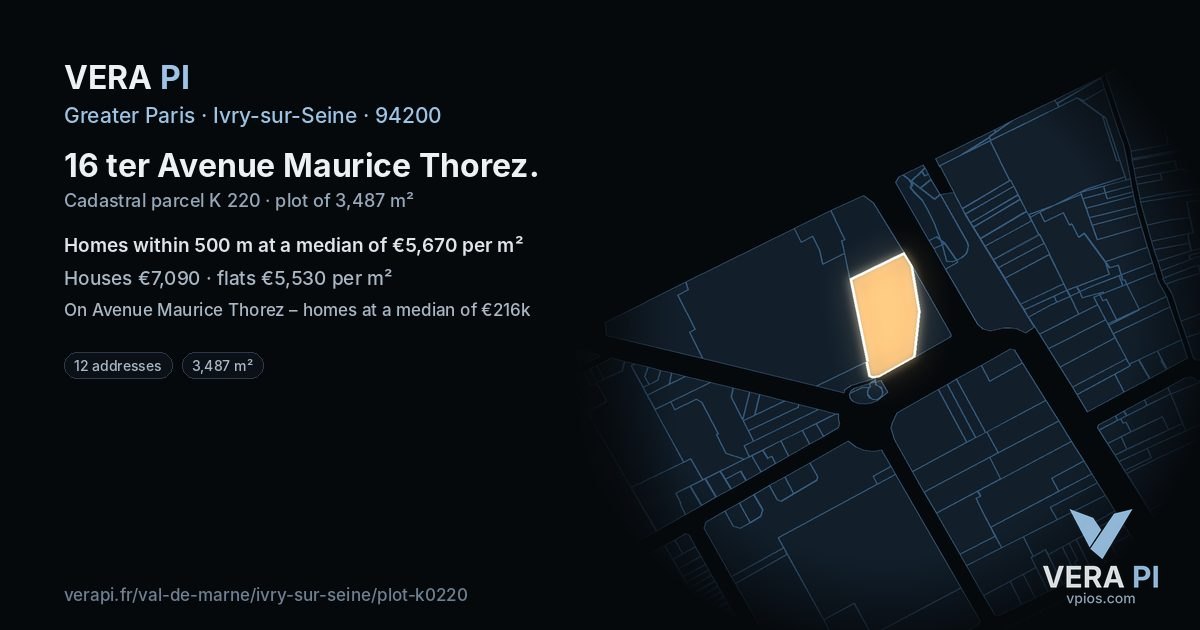 16 ter Avenue Maurice Thorez, Ivry-sur-Seine at night – the plot lit, the parcels around coloured by the prices near them