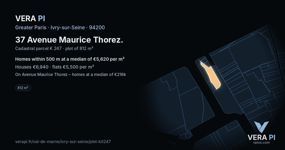 37 Avenue Maurice Thorez, Ivry-sur-Seine at night – the plot lit, the parcels around coloured by the prices near them