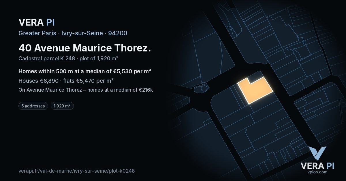 40 Avenue Maurice Thorez, Ivry-sur-Seine at night – the plot lit, the parcels around coloured by the prices near them