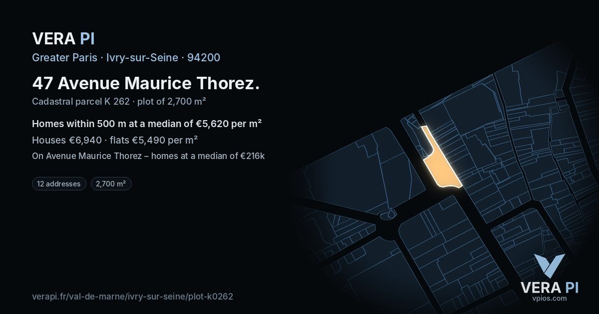 47 Avenue Maurice Thorez, Ivry-sur-Seine at night – the plot lit, the parcels around coloured by the prices near them