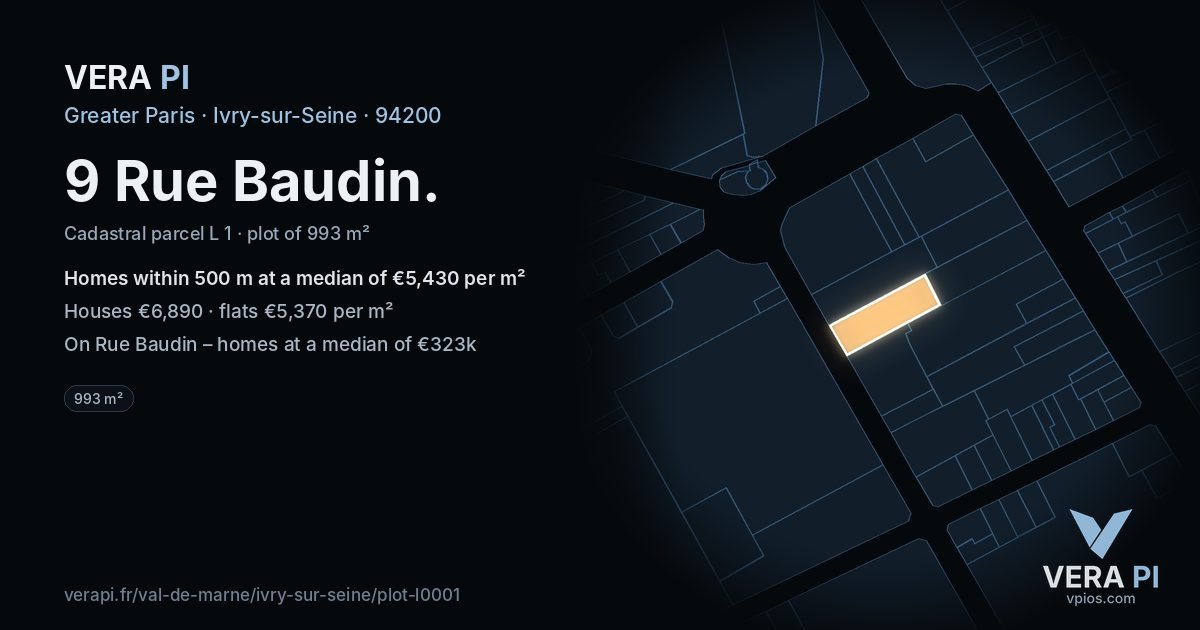 9 Rue Baudin, Ivry-sur-Seine at night – the plot lit, the parcels around coloured by the prices near them