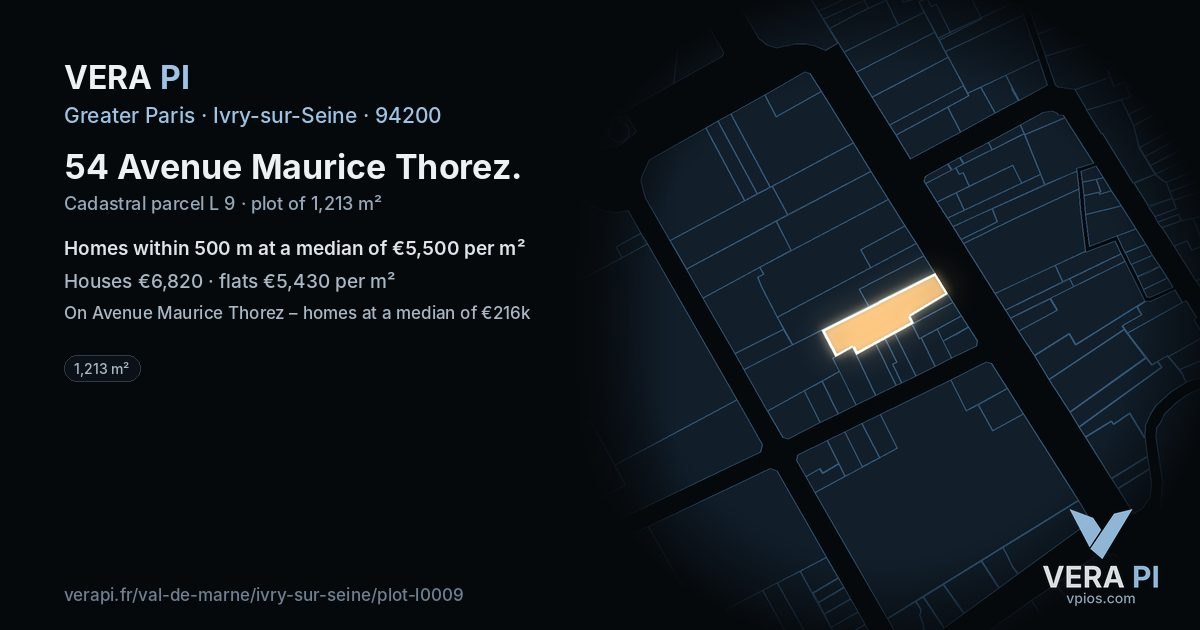 54 Avenue Maurice Thorez, Ivry-sur-Seine at night – the plot lit, the parcels around coloured by the prices near them