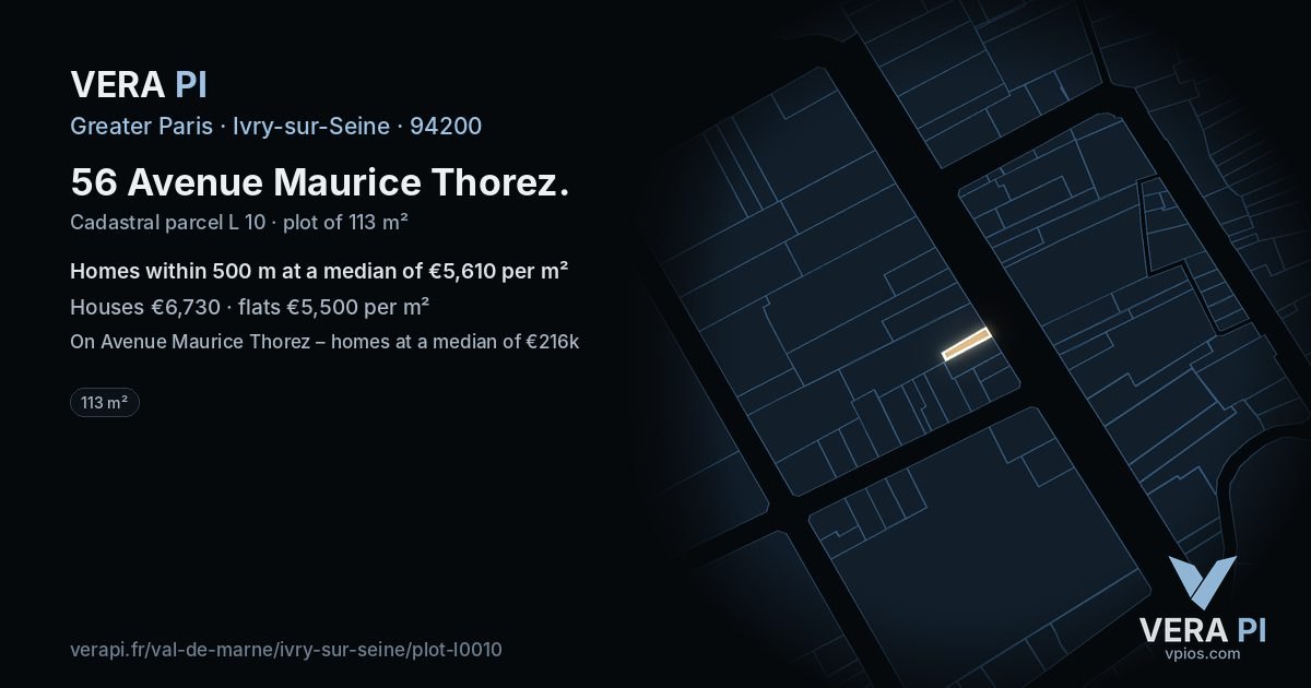 56 Avenue Maurice Thorez, Ivry-sur-Seine at night – the plot lit, the parcels around coloured by the prices near them