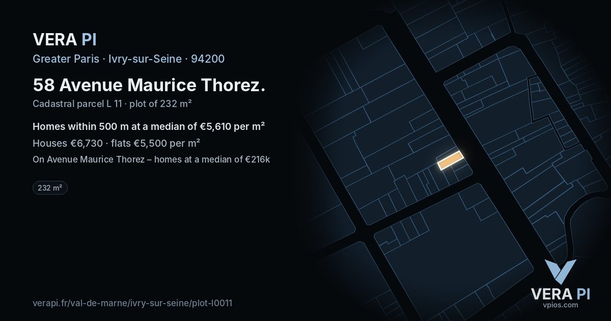 58 Avenue Maurice Thorez, Ivry-sur-Seine at night – the plot lit, the parcels around coloured by the prices near them