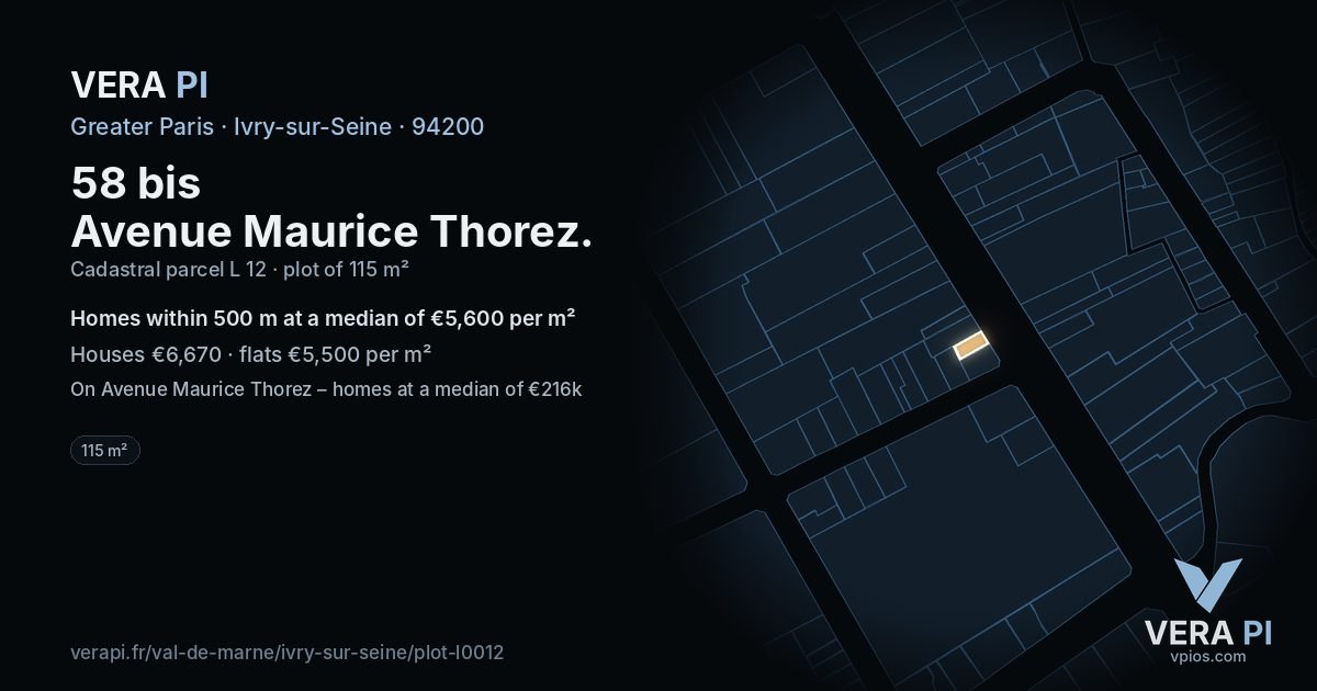 58 bis Avenue Maurice Thorez, Ivry-sur-Seine at night – the plot lit, the parcels around coloured by the prices near them