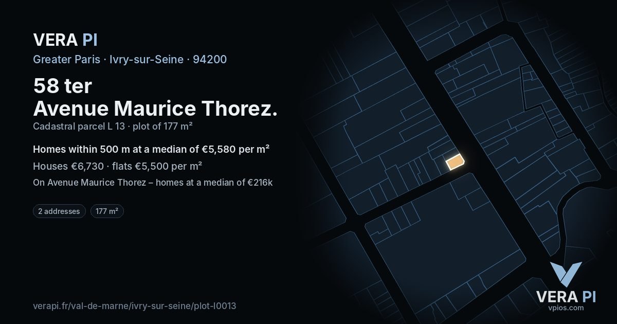 58 ter Avenue Maurice Thorez, Ivry-sur-Seine at night – the plot lit, the parcels around coloured by the prices near them