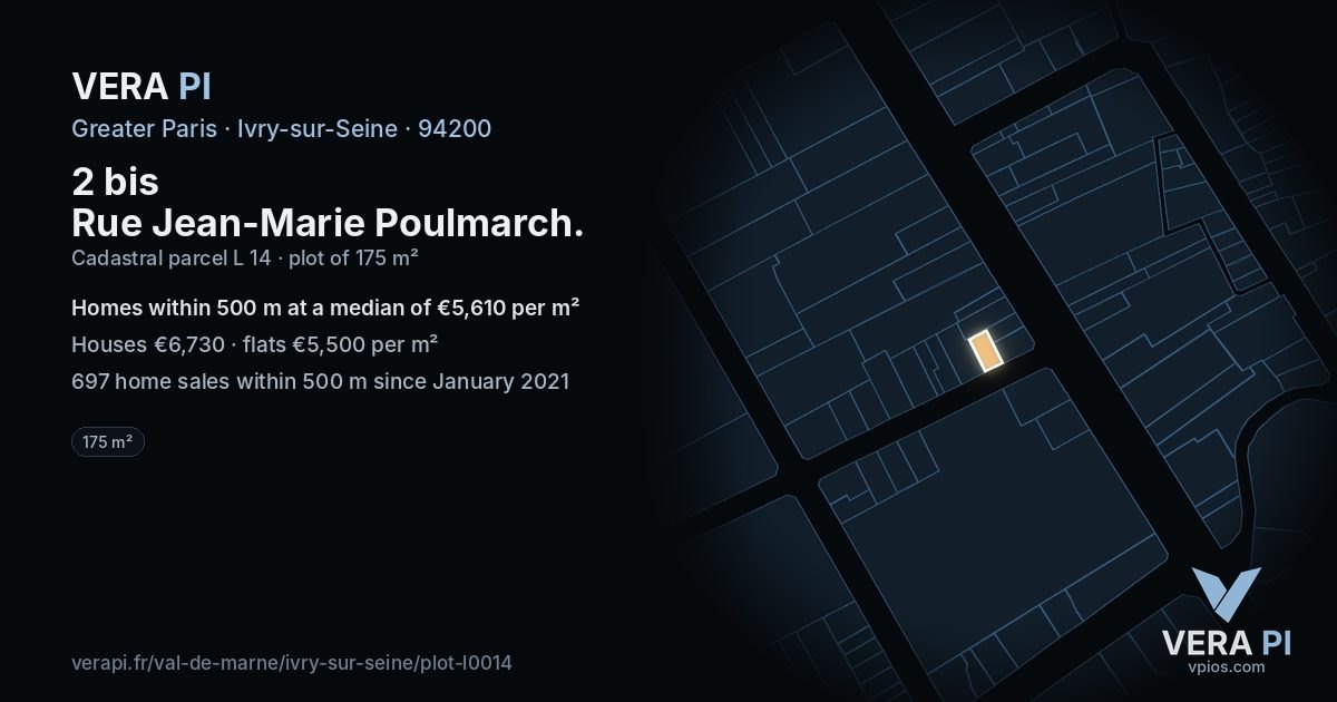 2 bis Rue Jean-Marie Poulmarch, Ivry-sur-Seine at night – the plot lit, the parcels around coloured by the prices near them