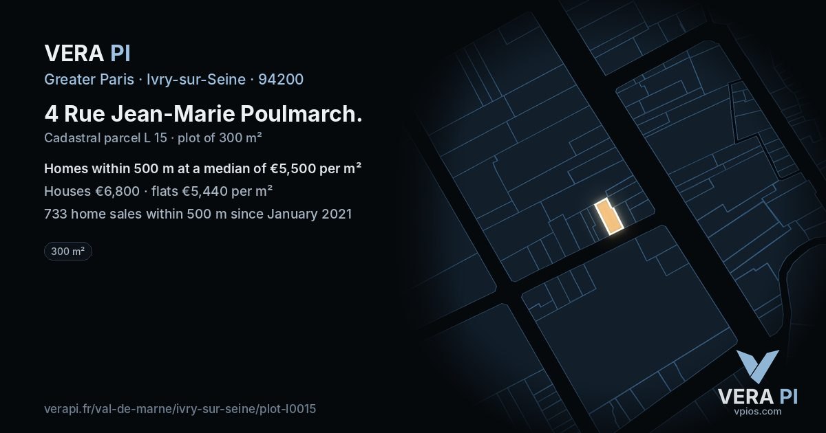 4 Rue Jean-Marie Poulmarch, Ivry-sur-Seine at night – the plot lit, the parcels around coloured by the prices near them