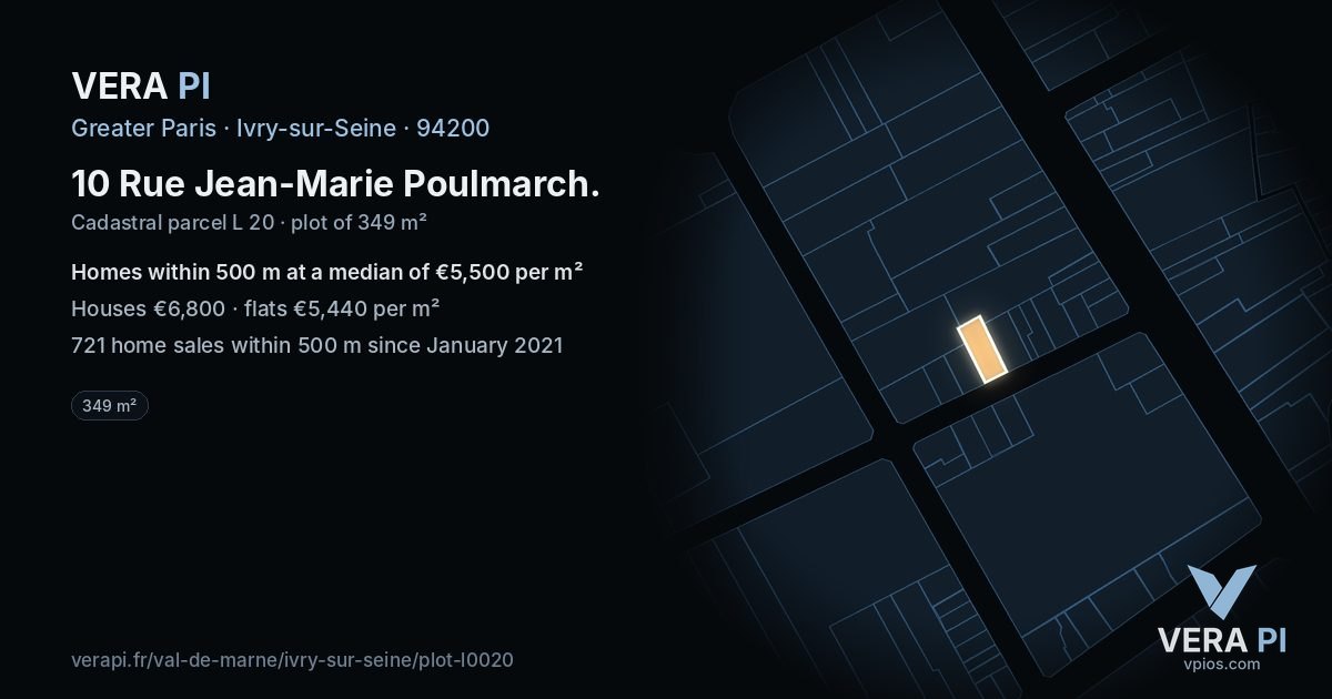 10 Rue Jean-Marie Poulmarch, Ivry-sur-Seine at night – the plot lit, the parcels around coloured by the prices near them