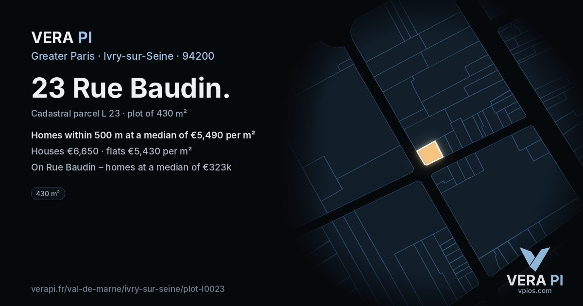 23 Rue Baudin, Ivry-sur-Seine at night – the plot lit, the parcels around coloured by the prices near them