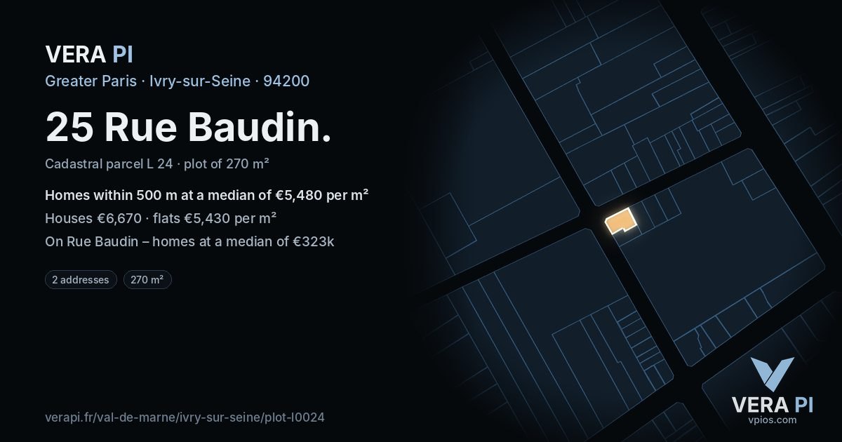 25 Rue Baudin, Ivry-sur-Seine at night – the plot lit, the parcels around coloured by the prices near them