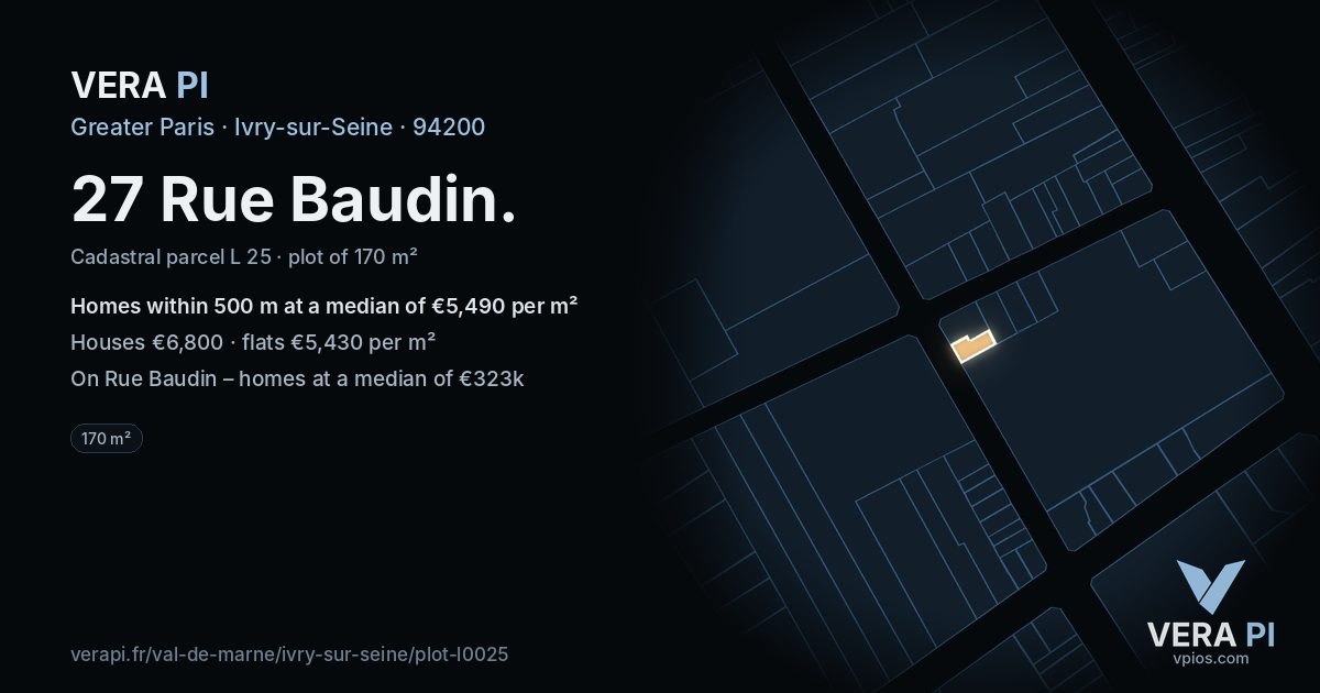 27 Rue Baudin, Ivry-sur-Seine at night – the plot lit, the parcels around coloured by the prices near them