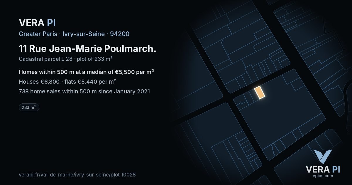 11 Rue Jean-Marie Poulmarch, Ivry-sur-Seine at night – the plot lit, the parcels around coloured by the prices near them