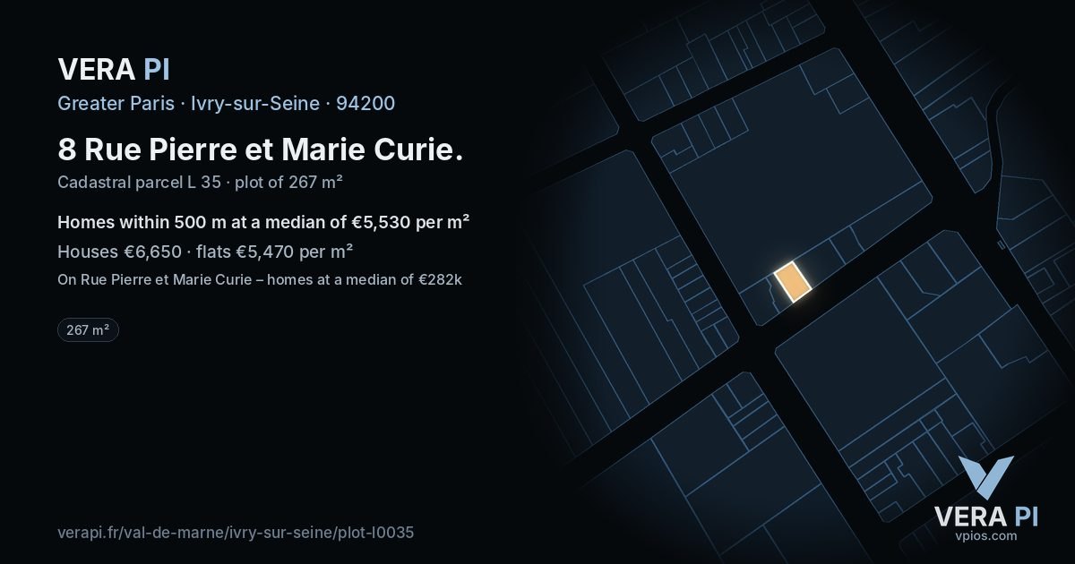 8 Rue Pierre et Marie Curie, Ivry-sur-Seine at night – the plot lit, the parcels around coloured by the prices near them