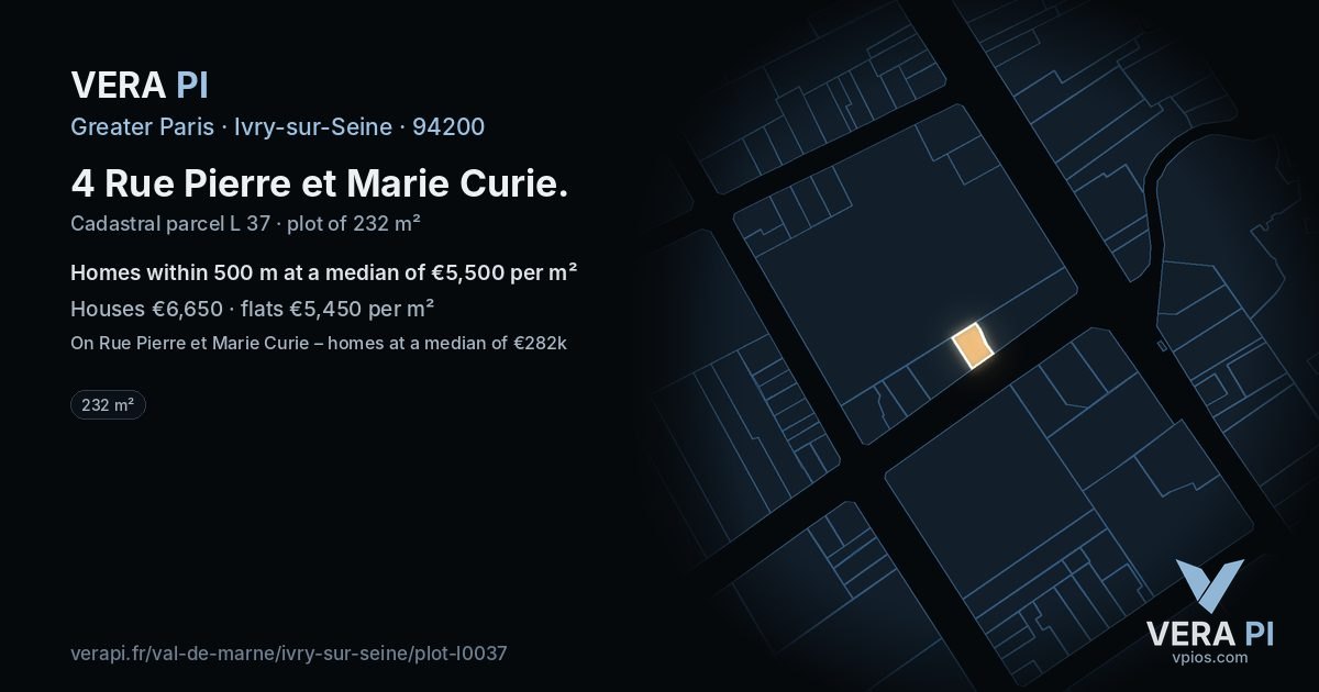 4 Rue Pierre et Marie Curie, Ivry-sur-Seine at night – the plot lit, the parcels around coloured by the prices near them