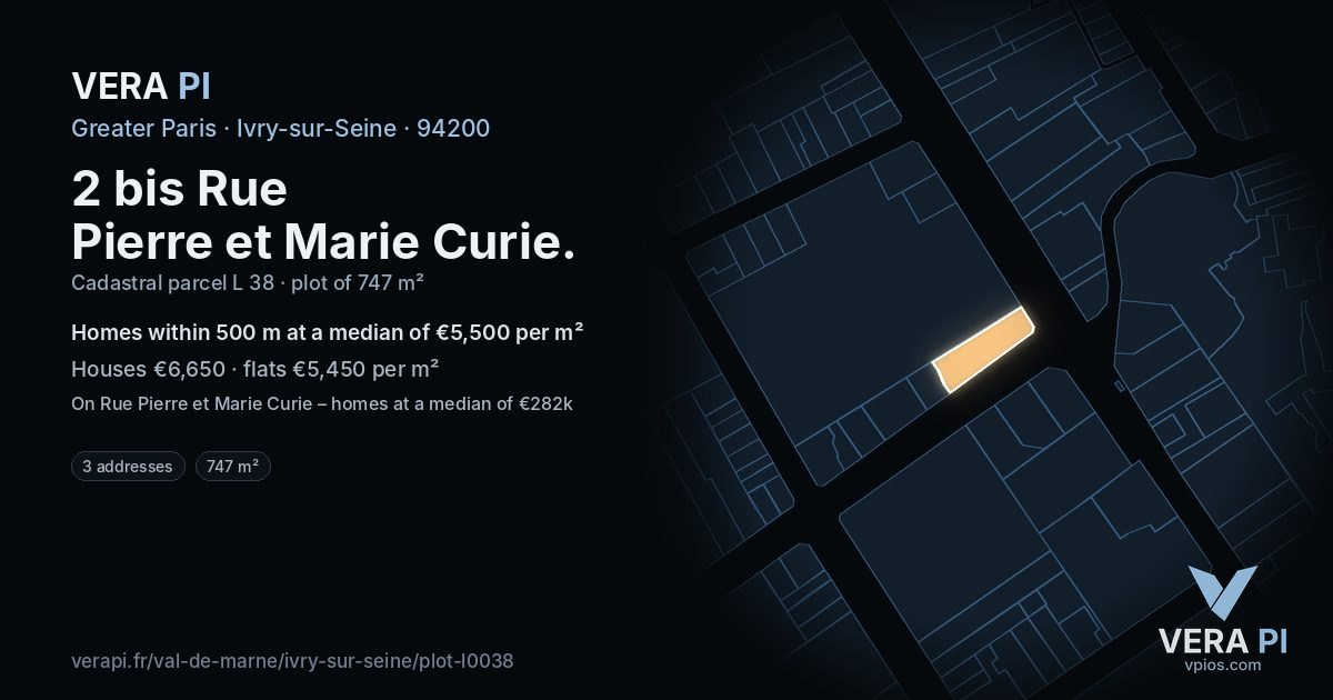 2 bis Rue Pierre et Marie Curie, Ivry-sur-Seine at night – the plot lit, the parcels around coloured by the prices near them