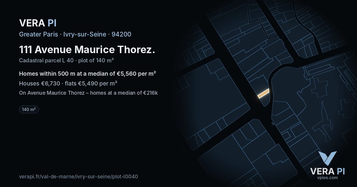 111 Avenue Maurice Thorez, Ivry-sur-Seine at night – the plot lit, the parcels around coloured by the prices near them