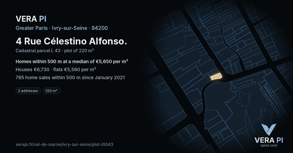 4 Rue Célestino Alfonso, Ivry-sur-Seine at night – the plot lit, the parcels around coloured by the prices near them