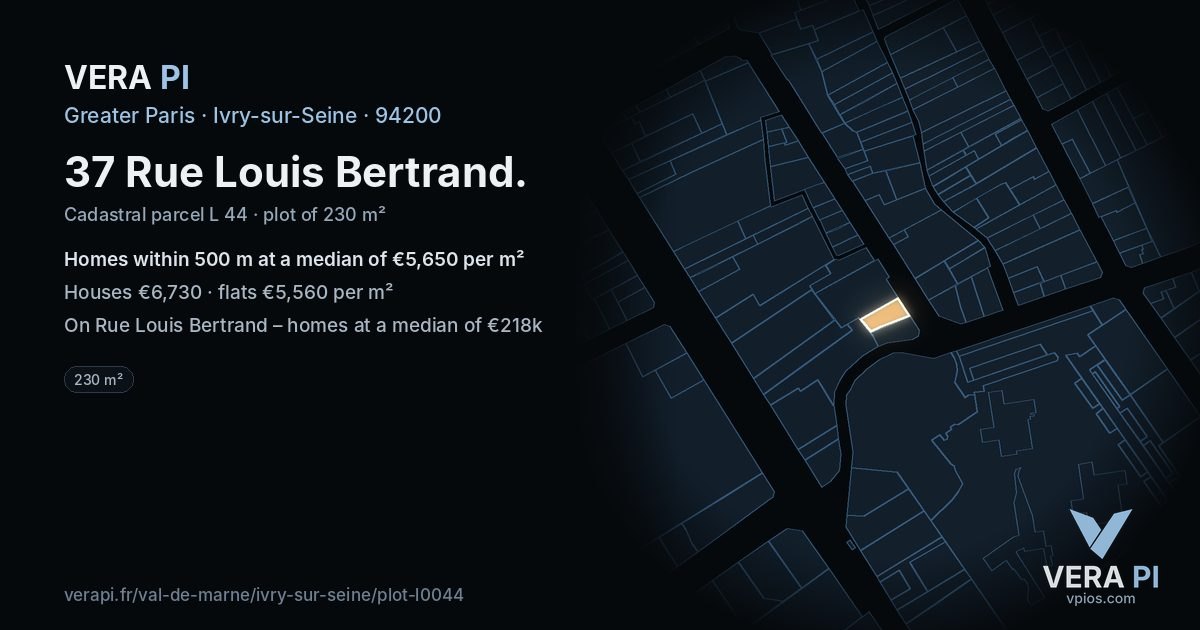 37 Rue Louis Bertrand, Ivry-sur-Seine at night – the plot lit, the parcels around coloured by the prices near them