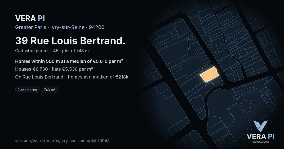 39 Rue Louis Bertrand, Ivry-sur-Seine at night – the plot lit, the parcels around coloured by the prices near them