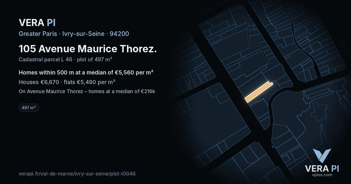 105 Avenue Maurice Thorez, Ivry-sur-Seine at night – the plot lit, the parcels around coloured by the prices near them