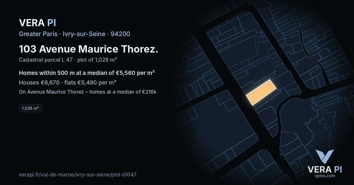103 Avenue Maurice Thorez, Ivry-sur-Seine at night – the plot lit, the parcels around coloured by the prices near them