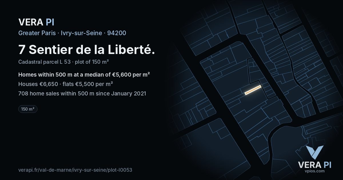 7 Sentier de la Liberté, Ivry-sur-Seine at night – the plot lit, the parcels around coloured by the prices near them