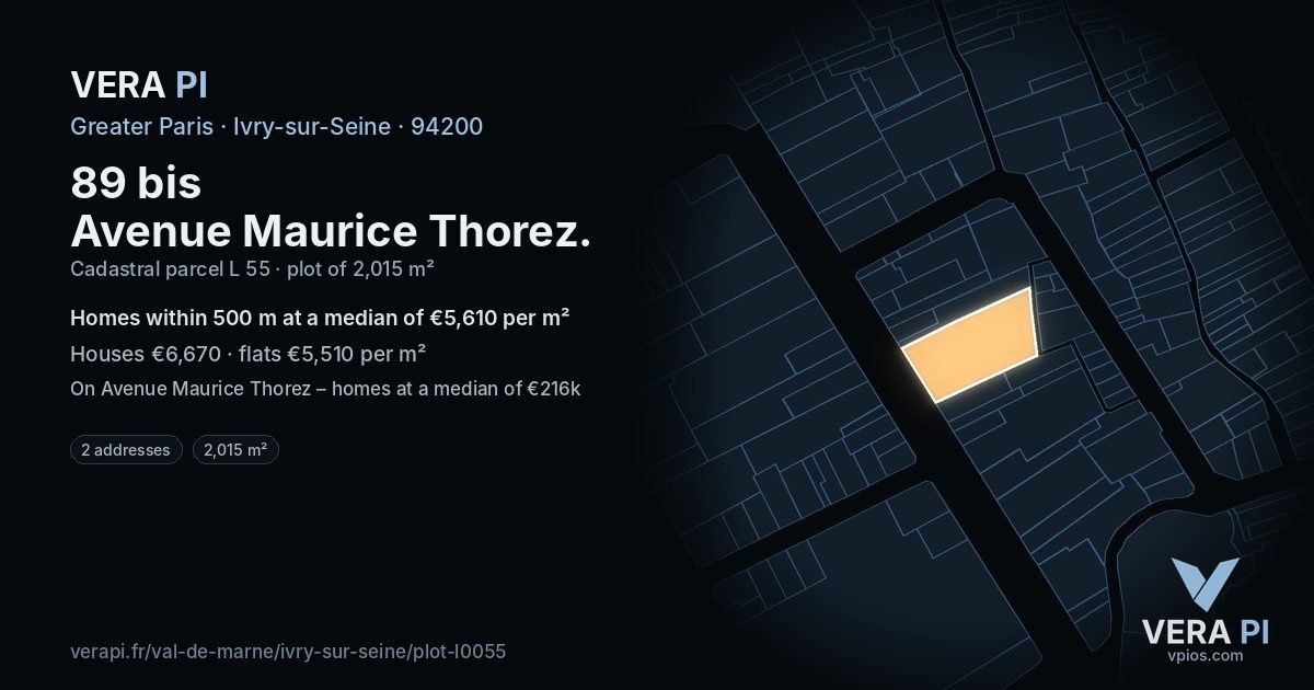 89 bis Avenue Maurice Thorez, Ivry-sur-Seine at night – the plot lit, the parcels around coloured by the prices near them