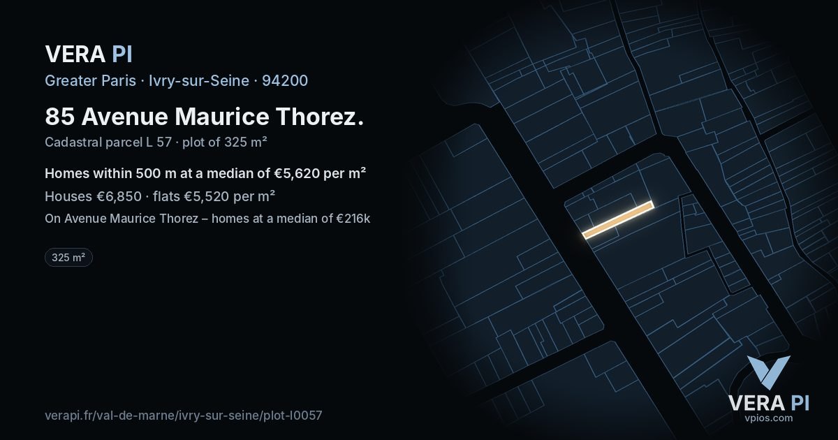 85 Avenue Maurice Thorez, Ivry-sur-Seine at night – the plot lit, the parcels around coloured by the prices near them