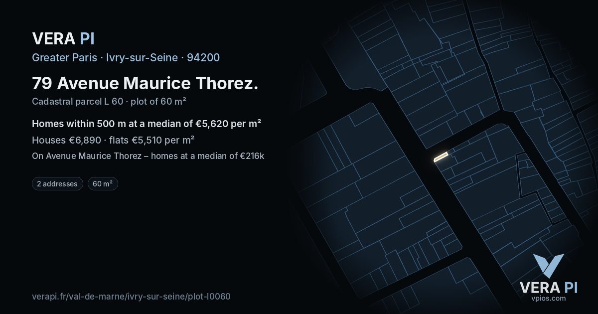 79 Avenue Maurice Thorez, Ivry-sur-Seine at night – the plot lit, the parcels around coloured by the prices near them