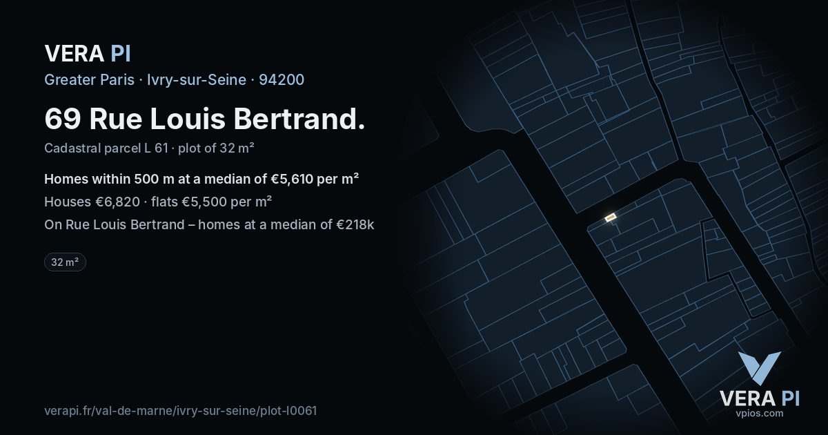 69 Rue Louis Bertrand, Ivry-sur-Seine at night – the plot lit, the parcels around coloured by the prices near them