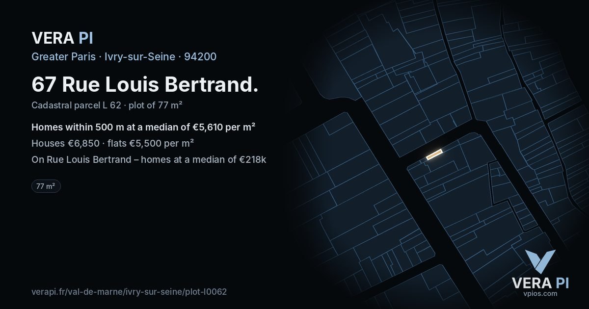 67 Rue Louis Bertrand, Ivry-sur-Seine at night – the plot lit, the parcels around coloured by the prices near them